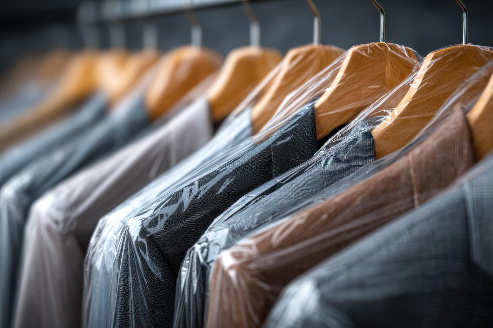 Suits and jackets on wooden hangers are covered in plastic garment bags, hanging in a row at a dry cleaner or clothing store.