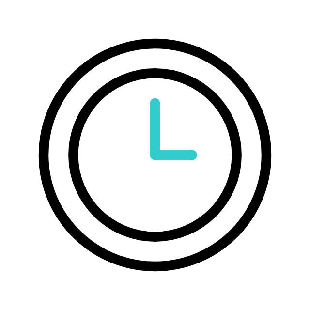 Black outlined clock icon with blue hour and minute hands indicating 3 o'clock, on a white background.